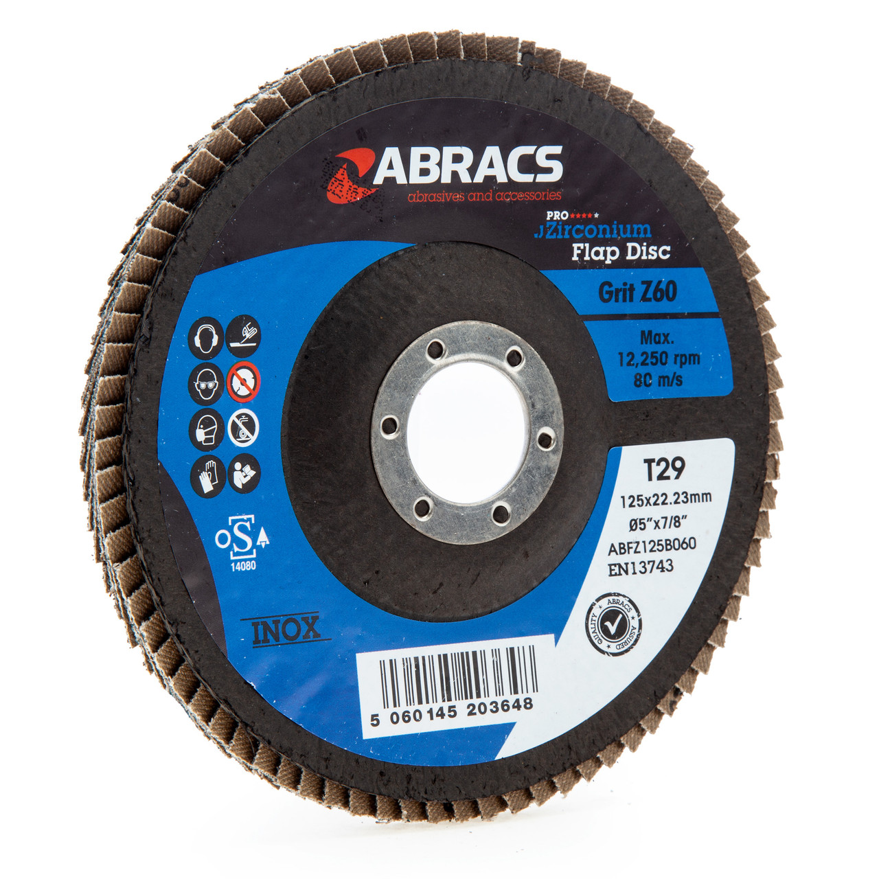 Abracs ABFZ125B060 циркониев флап диск с DPC център 125 mm x 22,23 mm 60 зърно