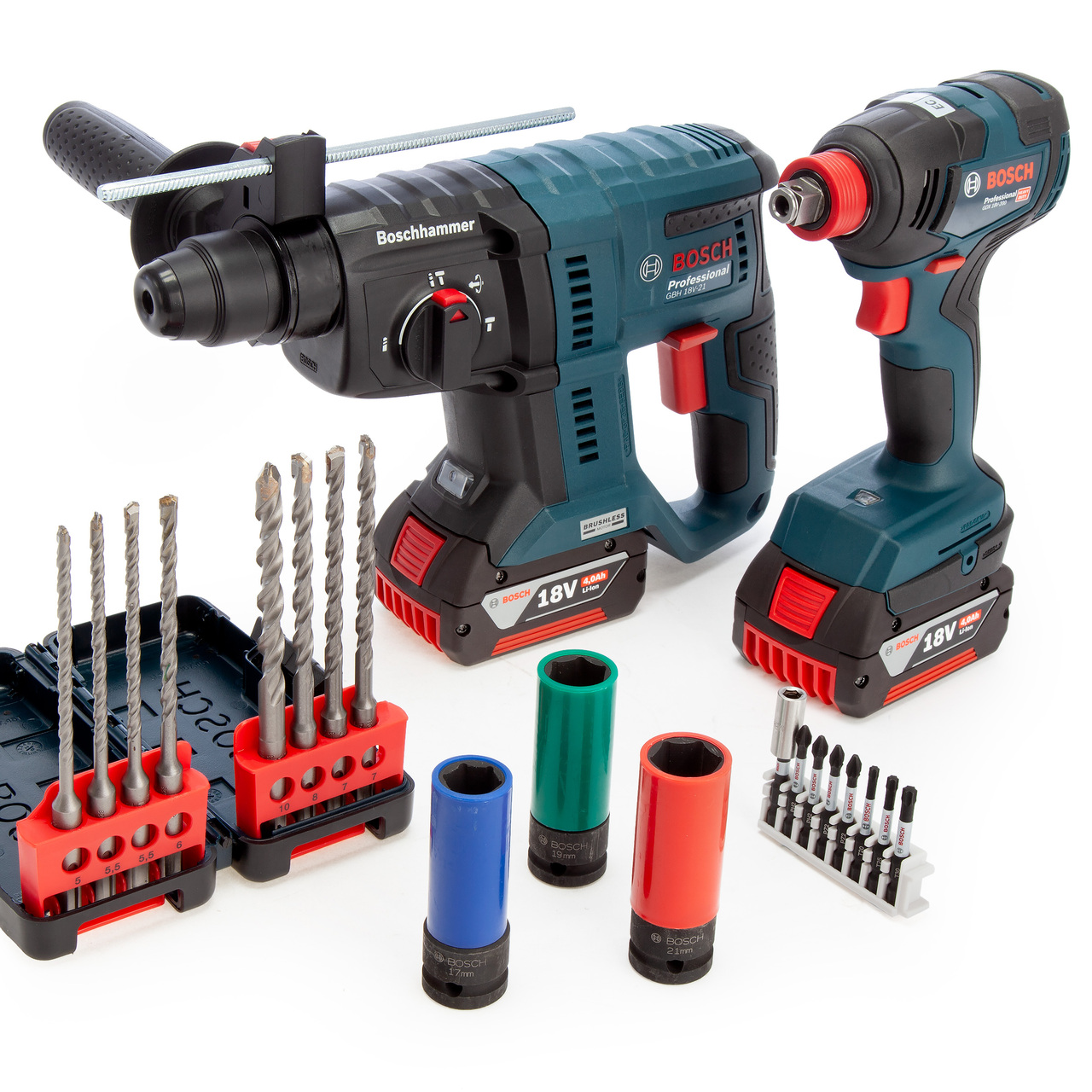 Bosch 18V комплект за строителство 2 части с аксесоари (2 x 4.0Ah батерии)