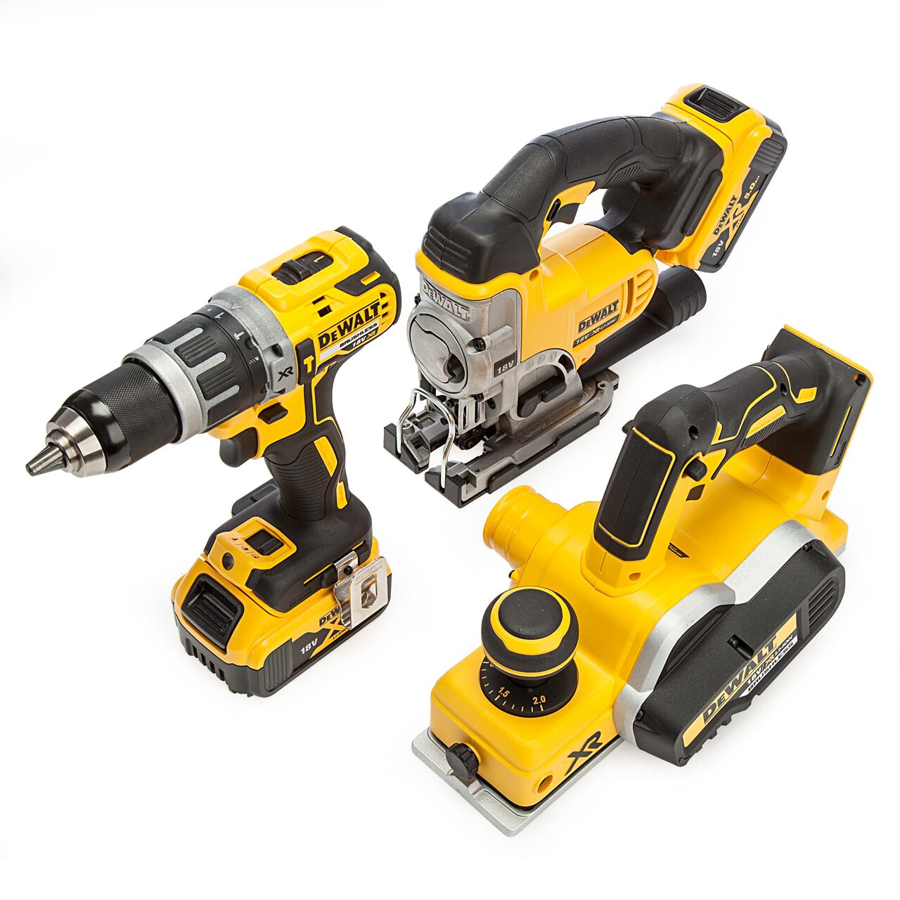 Dewalt 18V XR Ударен Винтоверт, моторен трион & електрическо ренде 3 парче Kit (2 х 5.0Ah батерии)