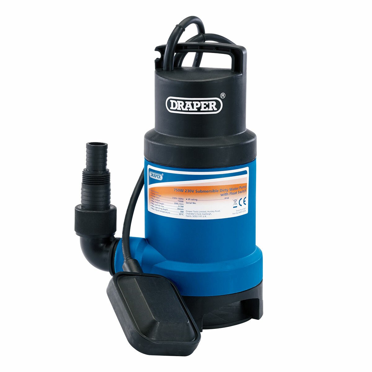 Draper 200L / Min Потопяема мръсна водна помпа с поплавъчен превключвател (750W)