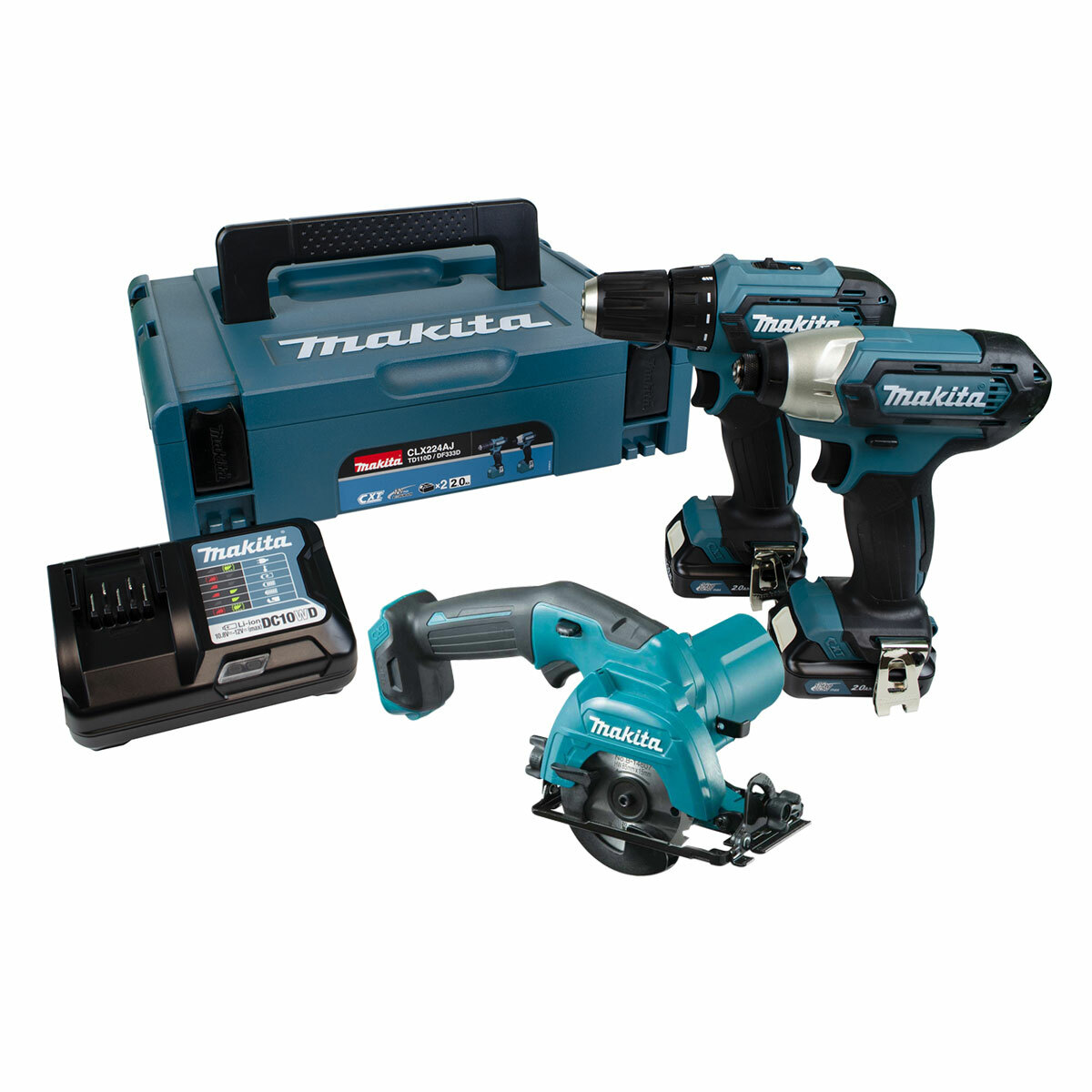 Makita 12Vmax Екстремна компактна технология Ударен Ударна Отвертка, Винтоверт и комплект циркулярен трион (2 x 2.0Ah батерии)