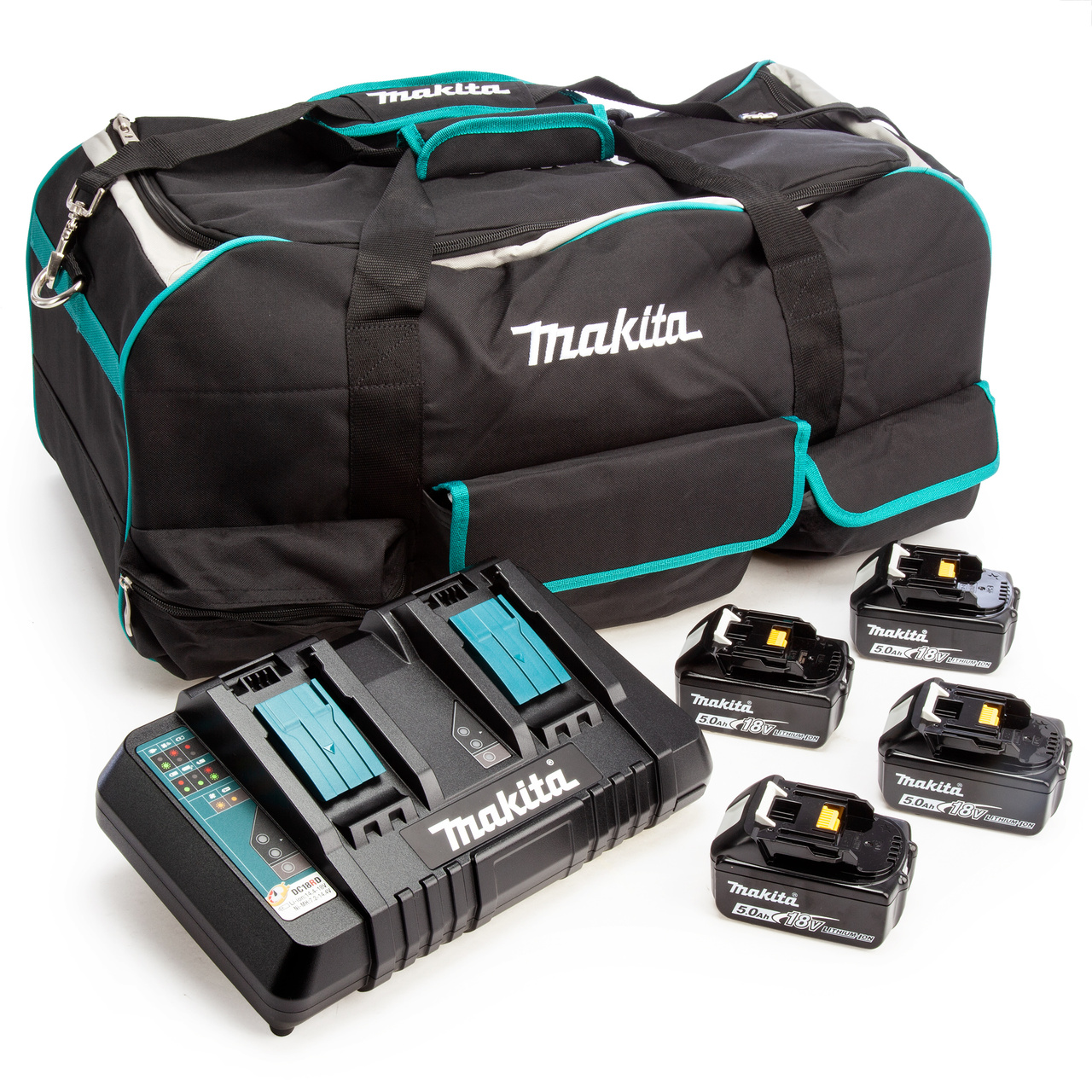 Комплект батерии Makita 18V - голяма чанта за инструменти, зарядно устройство (4 x 5,0 Ah батерии)