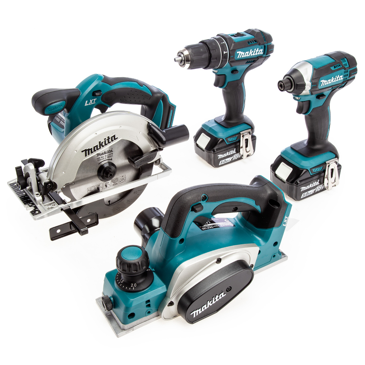 Makita 18V LXT Дървообработващ комплект от 4 части + Аксесоари (2 x 5.0Ah батерии)