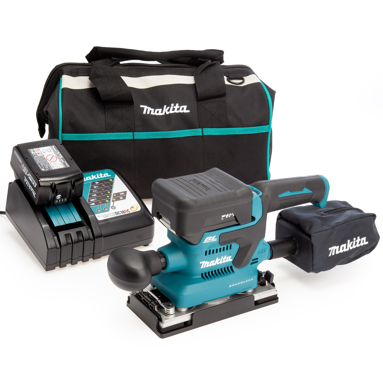 Makita DBO380 18V LXT 1/3 листова машина за шлифоване машина, Торба за инструменти с инструменти, зарядно устройство (2 x 5.0Ah батерии)