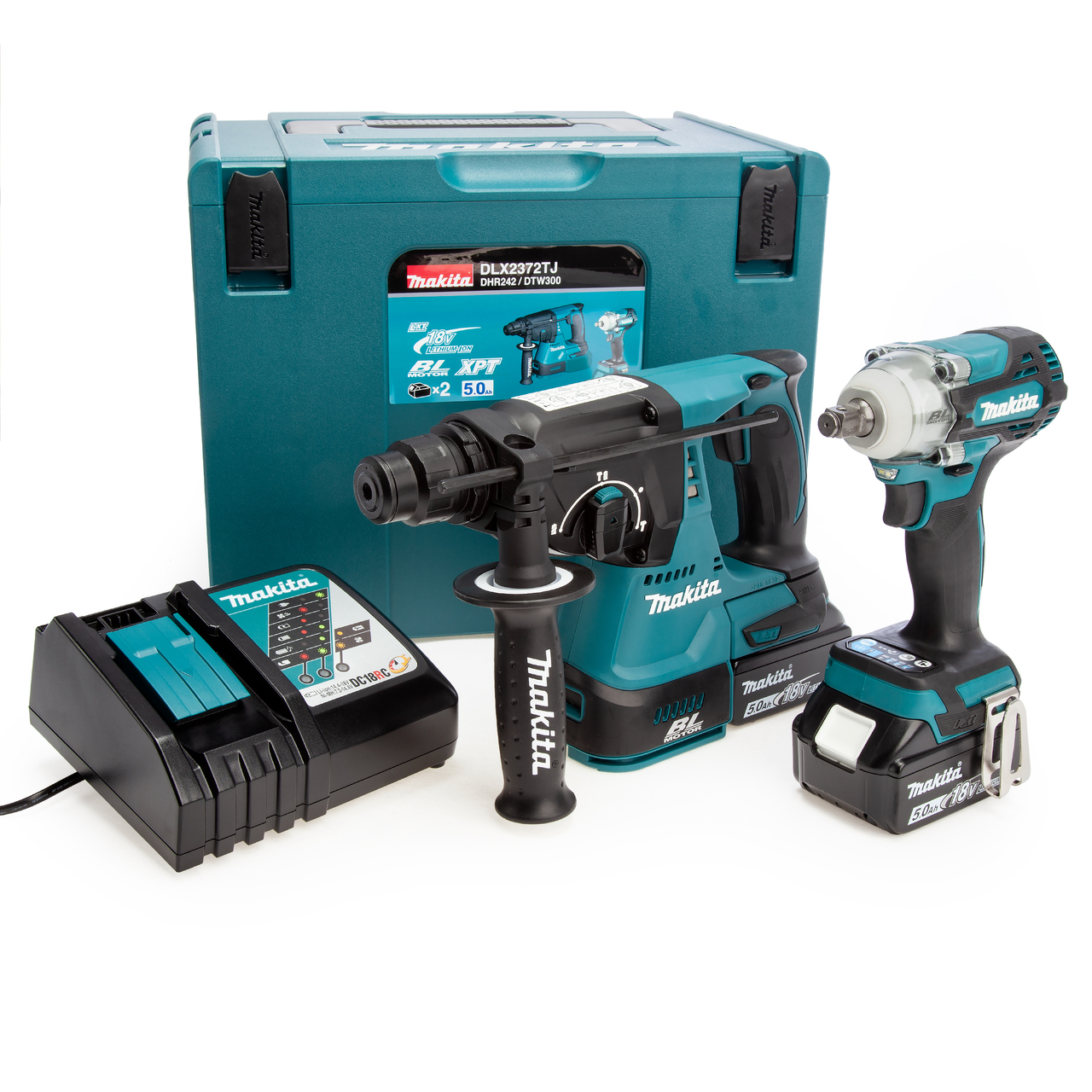 Makita DLX2372TJ 18V LXT въртящ се чук и Ударен гайковерт с два комплекта (2 x 5.0Ah батерии)