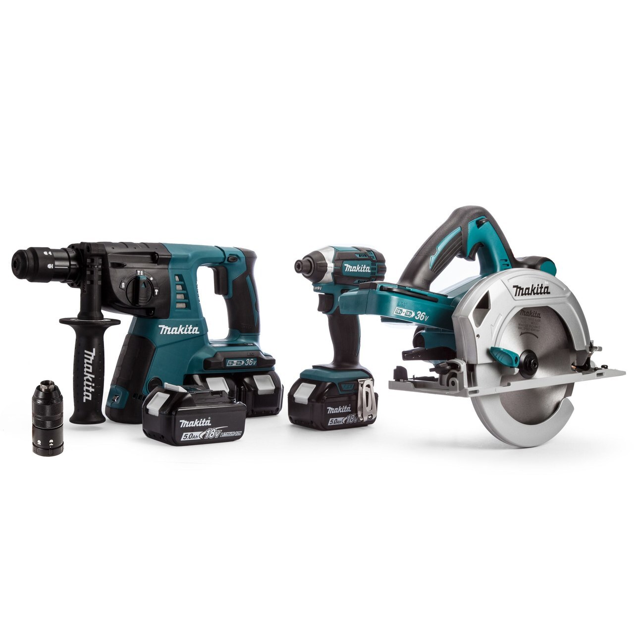 Makita DLX3049PTJ 18 / 36V комплект с 3 части - DHR264 36V SDS + въртящ се чук, DHS710 36V циркуляр и DTD152 18V Ударна Отвертка (4 x 5,0Ah батерии)