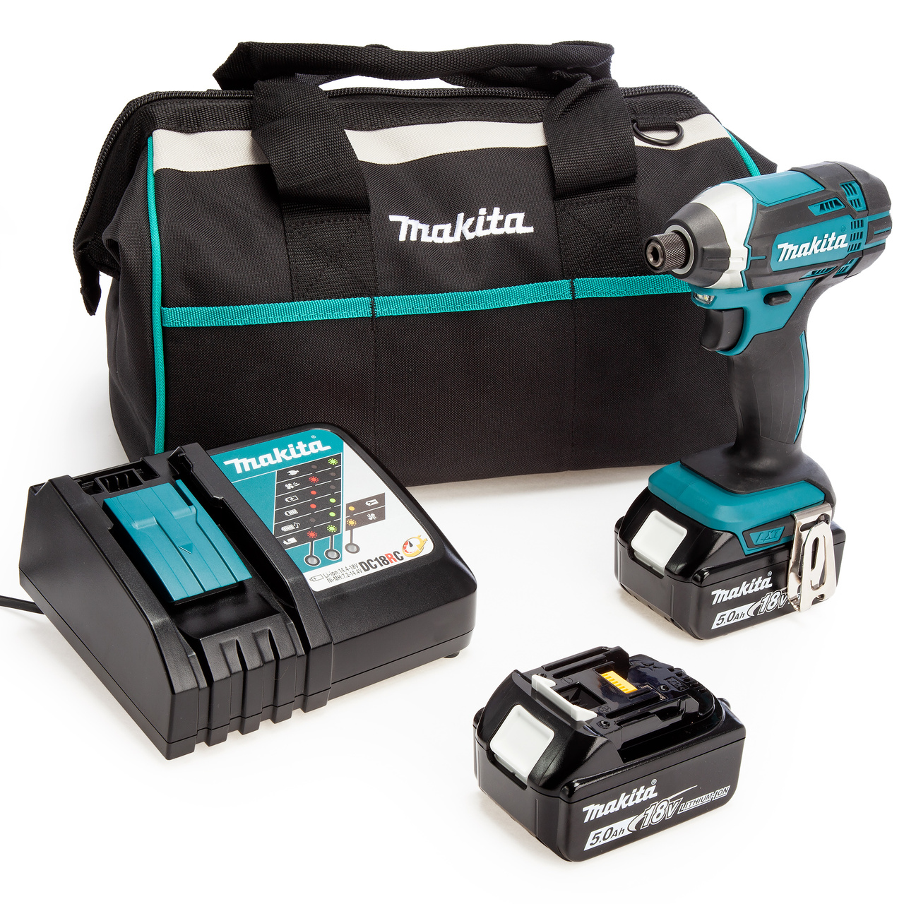 Makita DTD152 18V LXT Ударна Отвертка, Торба за инструменти с инструменти, зарядно устройство (2 x 5.0Ah батерии)