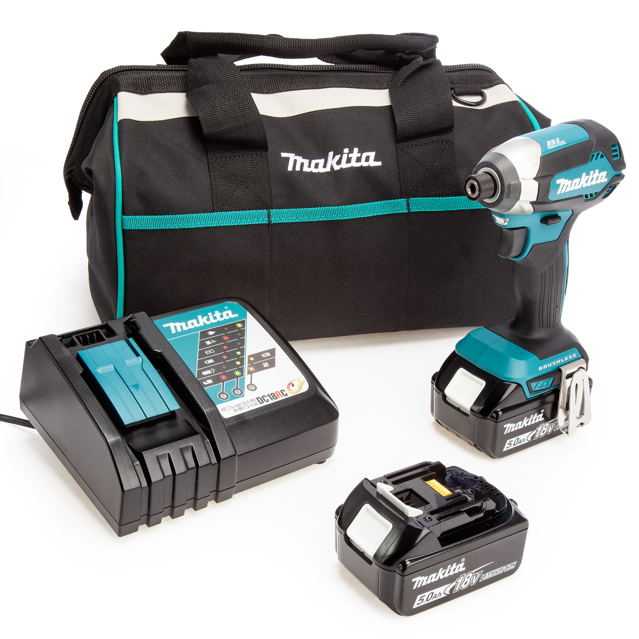 Makita DTD153 18V LXT безчетков Ударна Отвертка, Торба за инструменти с инструменти, зарядно устройство (2 x 5.0Ah батерии)