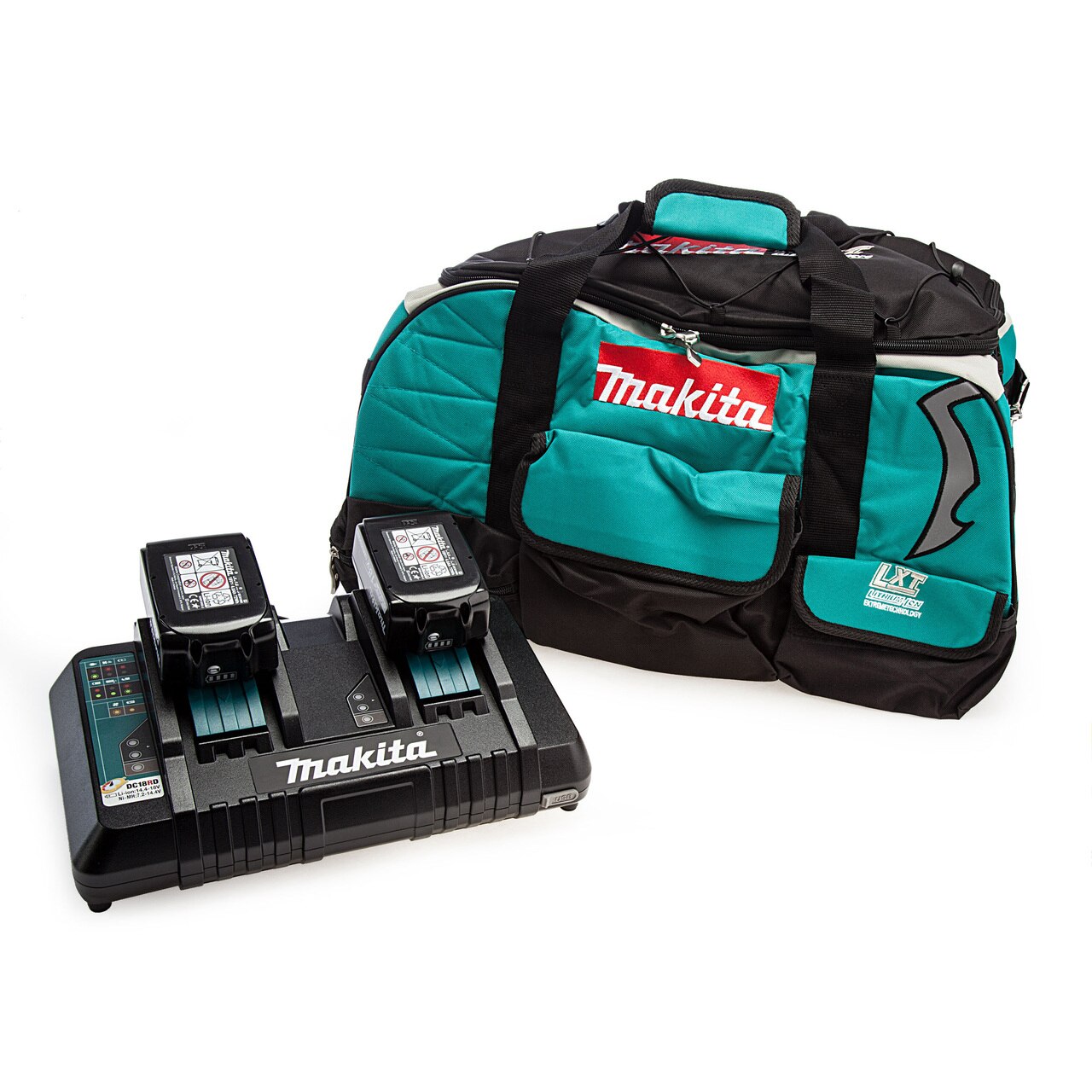 Makita комплект Makita - Двойно зарядно устройство, чанта за носене на плат и 2 x 5.0Ah батерии