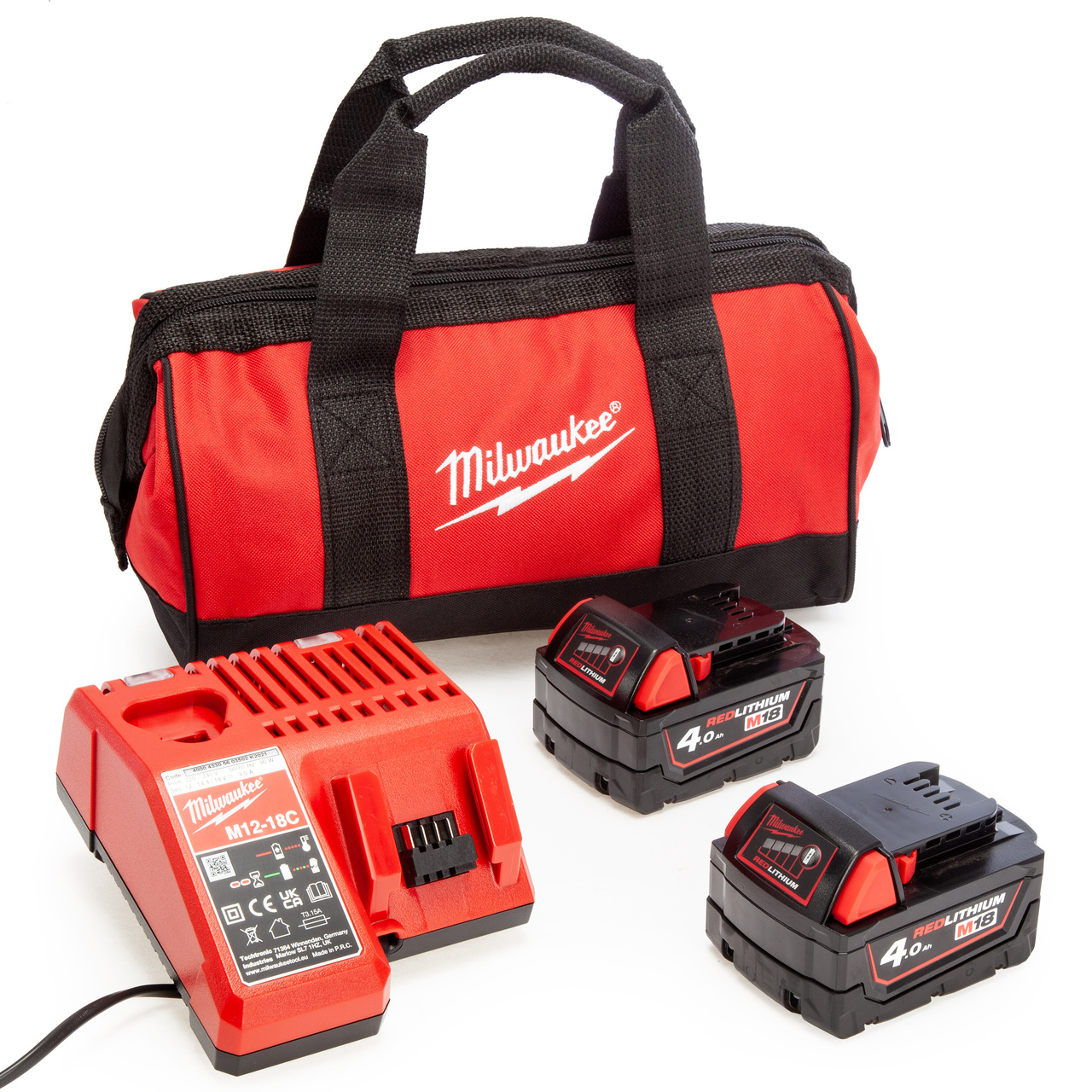 Комплект батерии Milwaukee 18V - Торба за инструменти с инструменти, зарядно устройство (2 x 4.0Ah батерии)