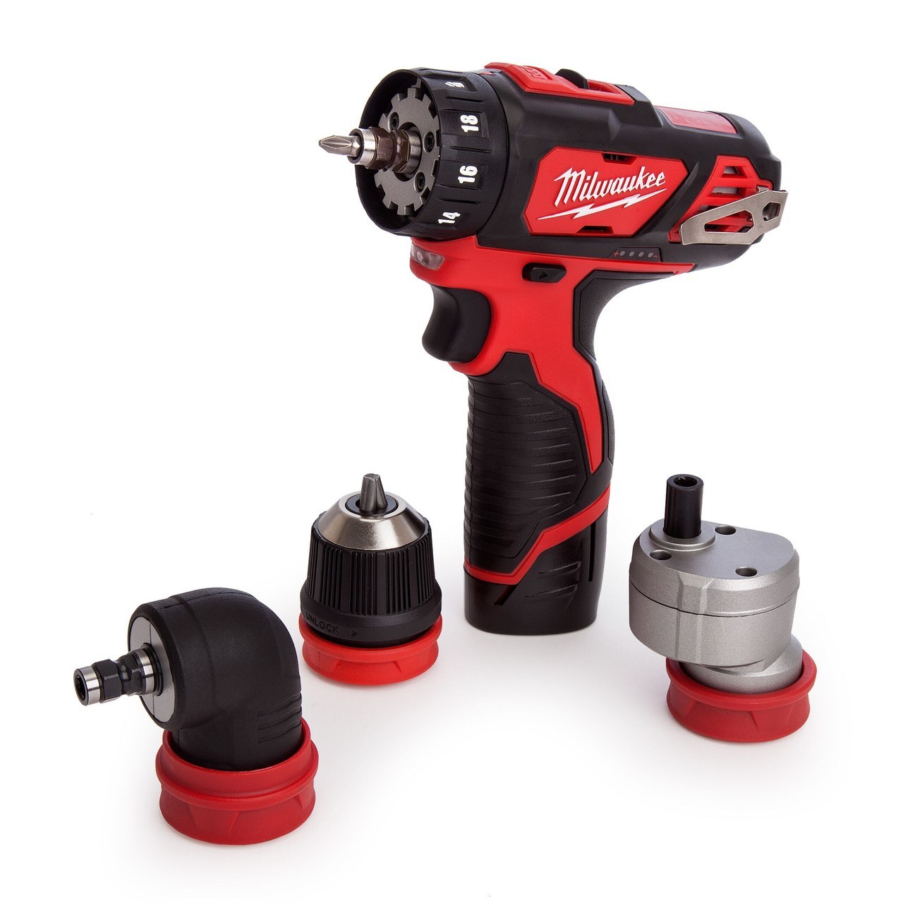 Milwaukee M12BDDXKIT-202C 4-в-1 акумулаторна Винтоверт (2 x 2.0Ah батерии) с приставки