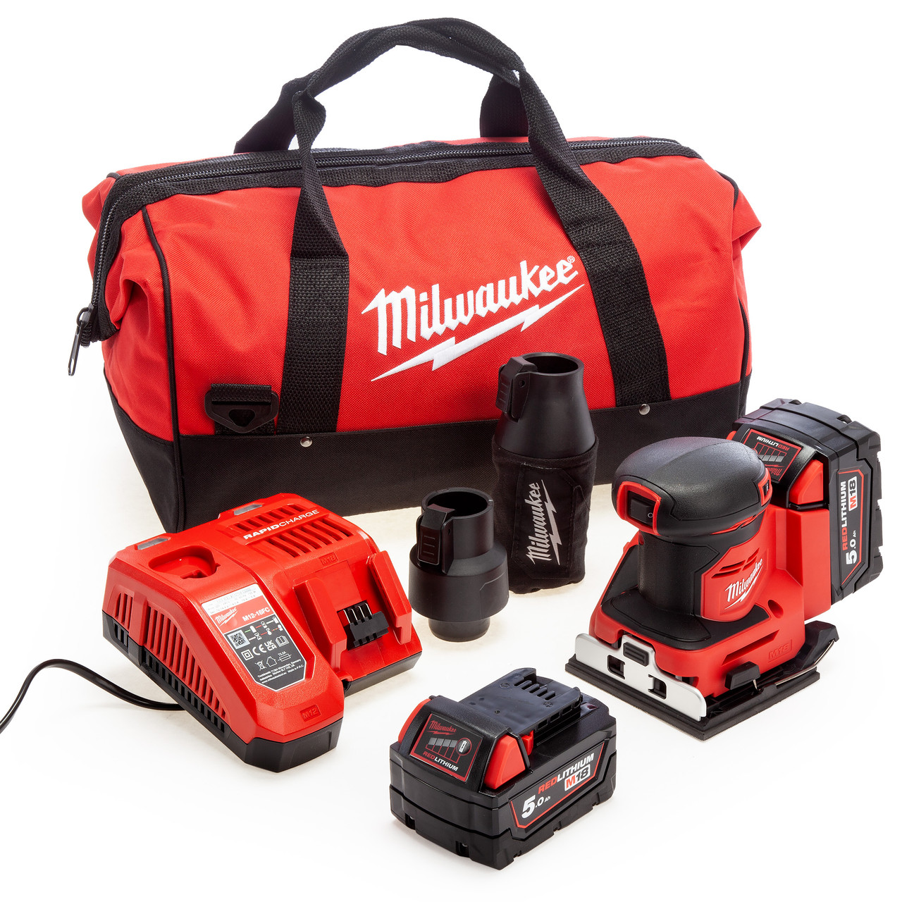Milwaukee M18 BQSS 1/4 листова машина за шлифоване машина (2 x 5,0 Ah батерии)
