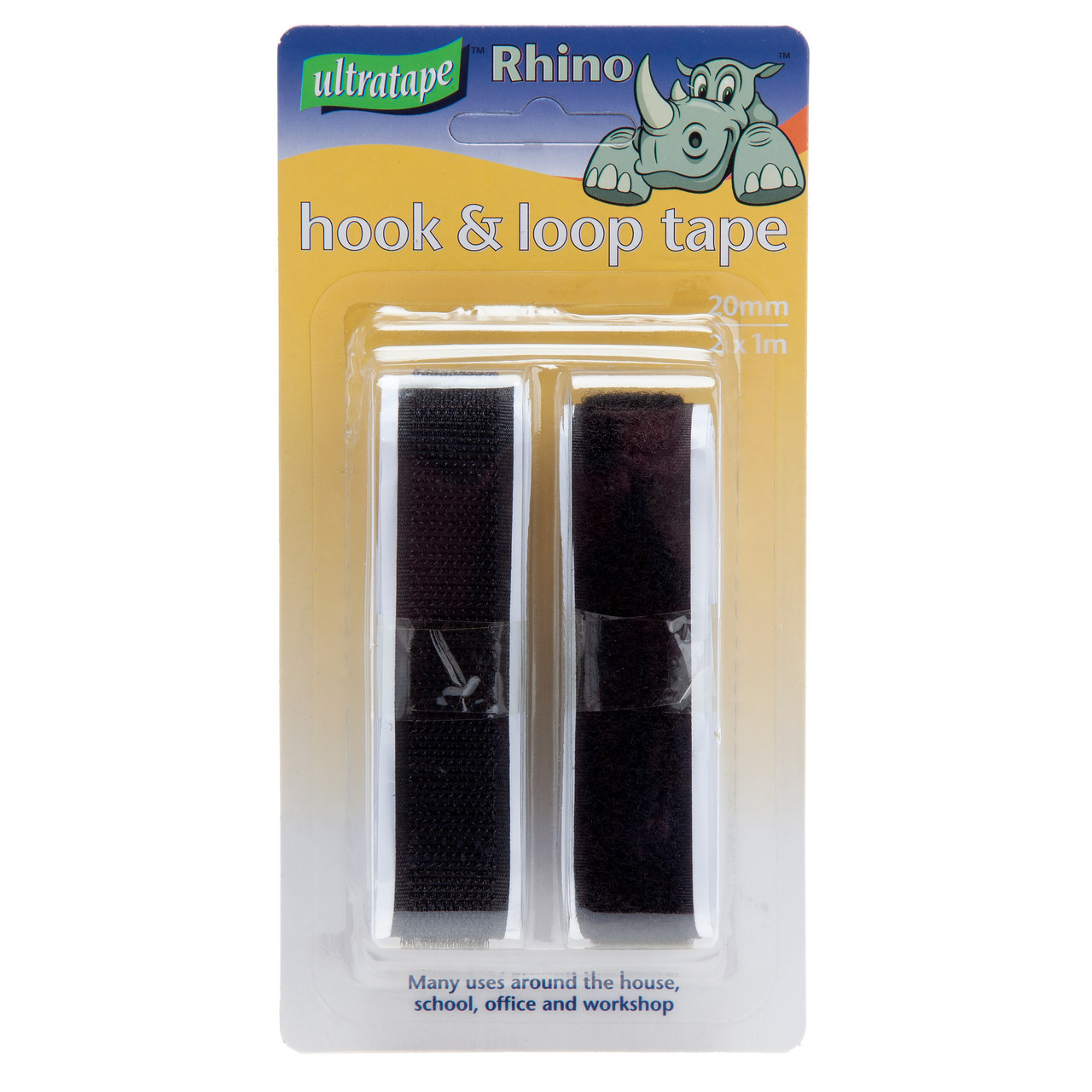 Ultratape 0170201BKLHUL Rhino Черна самозалепваща лента с кука и примка 20 мм x 1 м x 2